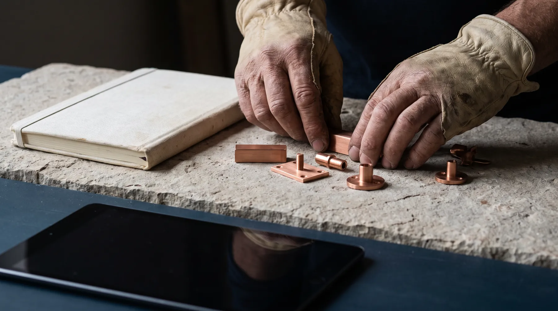 Gloved hands arranging copper hardware on a limestone slab beside a notebook and a tablet.