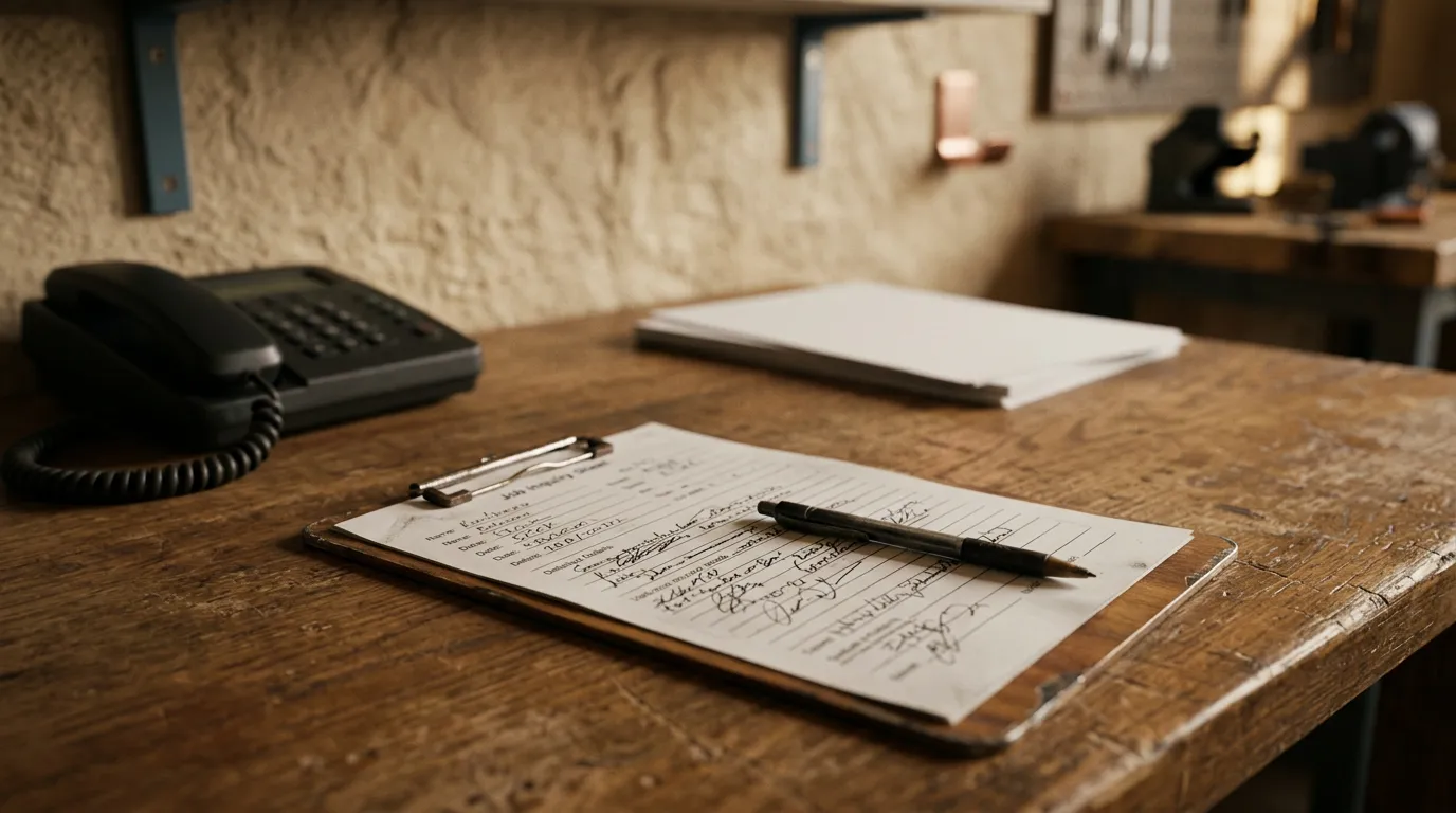 A clipboard with a handwritten inquiry form on a worn oak desk, phone in the background.