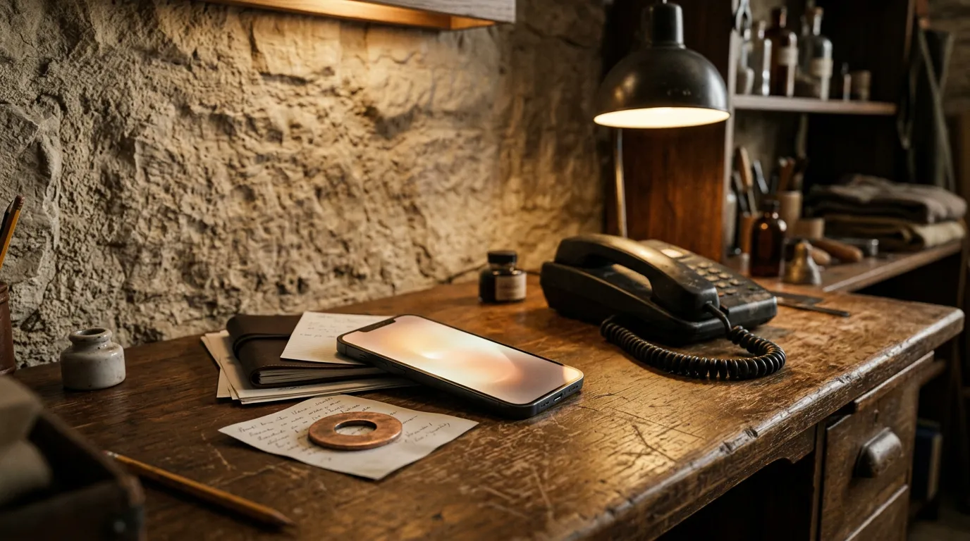 A glowing phone face-up on a shop desk next to a landline, a copper washer holding a note.
