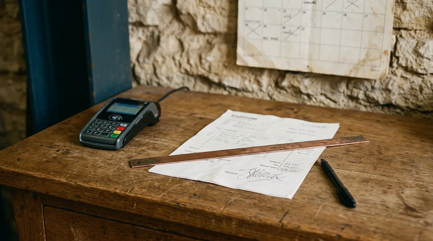A card terminal and a signed estimate under a copper rule on an oak desk.