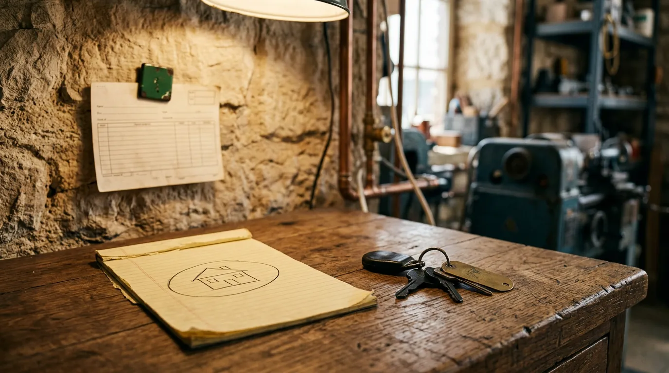 Truck keys beside a legal pad with a simple house sketch, ready for the next job.