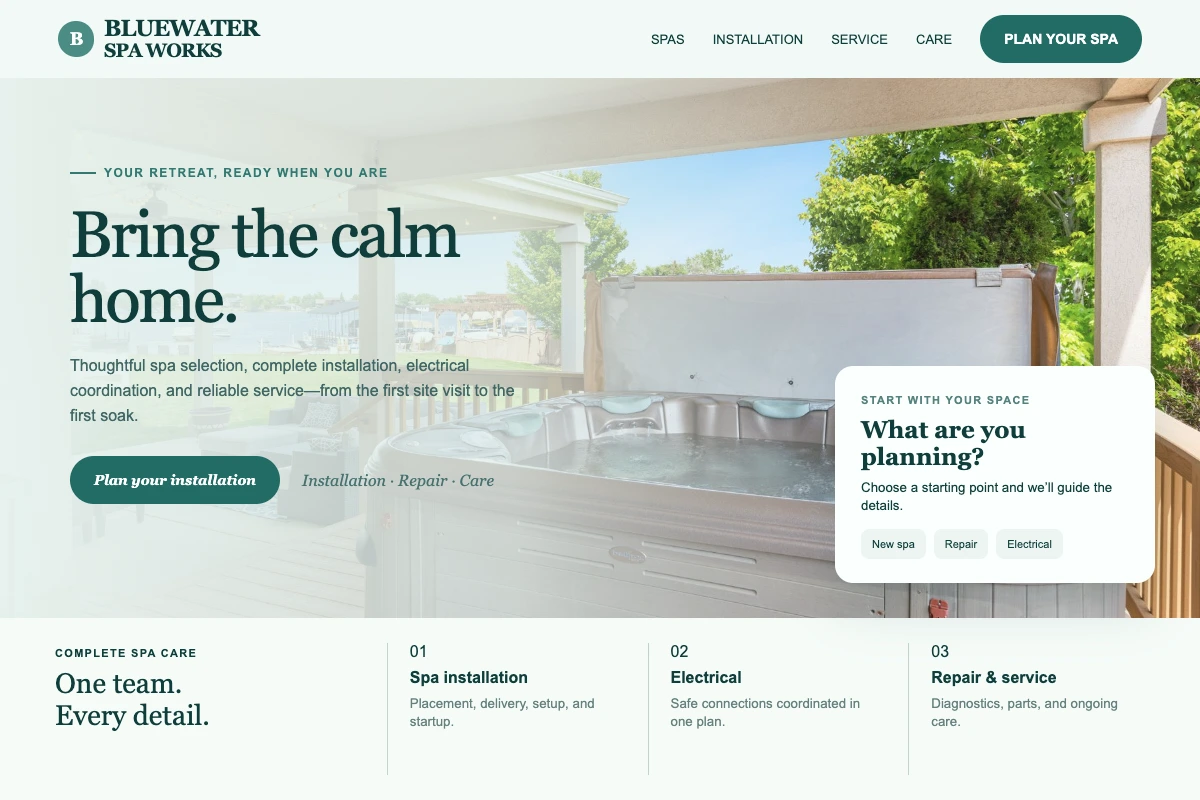 Bluewater Spa Works: Install, Repair & Electrical Intake concept